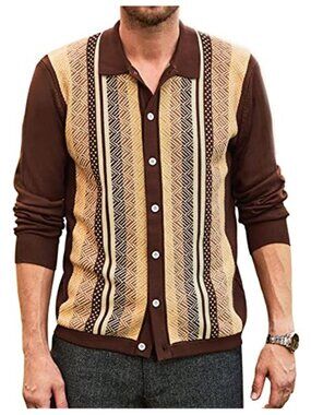 Mens Contrast Color Short Sleeve Knit Shirt Breathable Stretch Button Top
